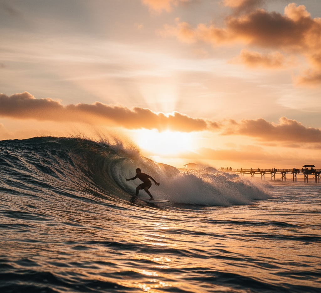A surfer catching wave at Cloud 9 under a glowing sunset.png
