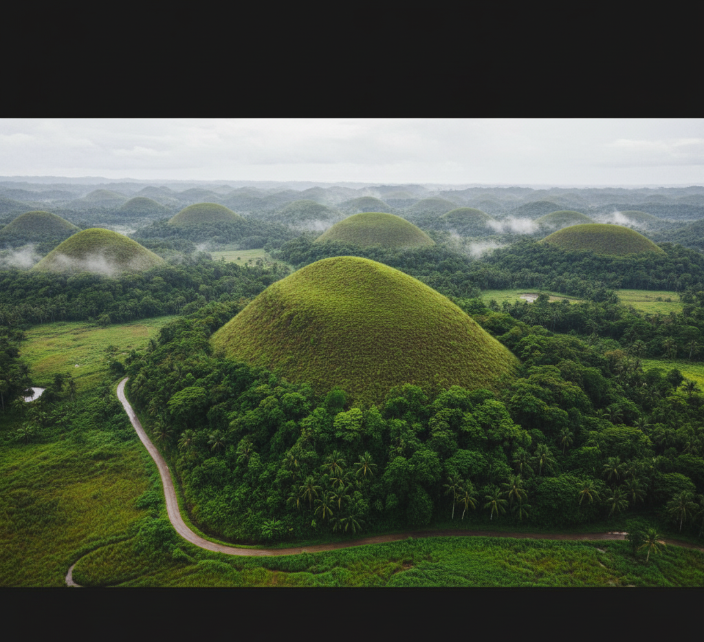 Chocolate Hills in green after rainfall.