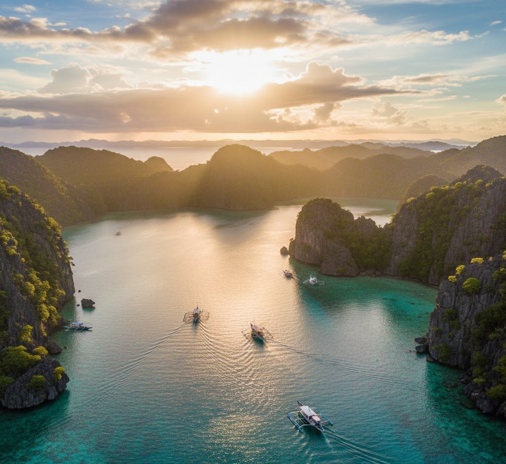 El Nido’s Big Lagoon glowing under a sunburst after light rain