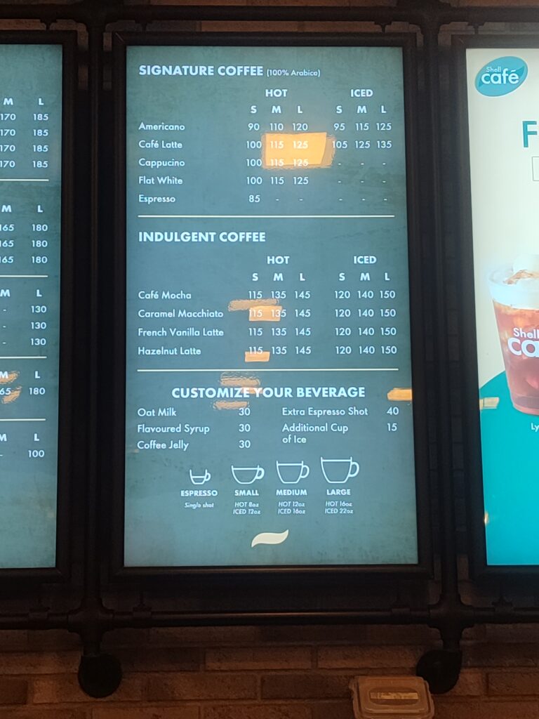 Shell Select Café Cebu Gorordo coffee and drinks menu board