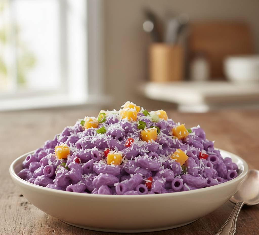A bowl of purple macaroni salad, topped with grated coconut and tiny cheese cubes.