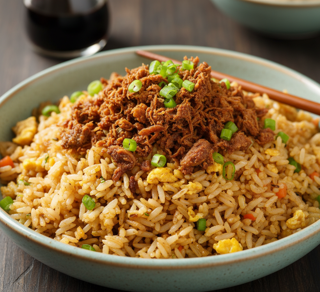 A ceramic dish of golden fried rice topped with adobo flakes and green onions.