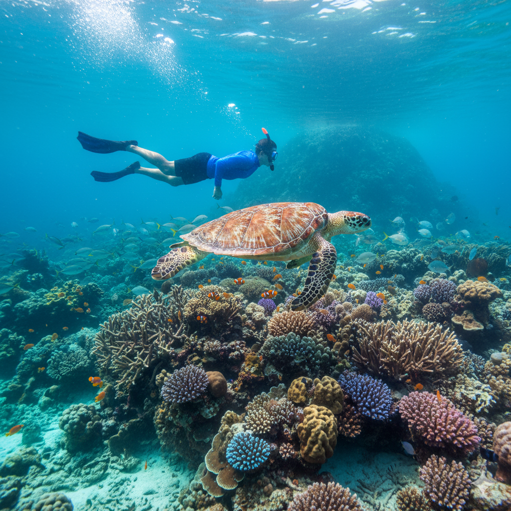 A snorkeler swimming with a turtle over colorful coral reefs in Apo Island.
