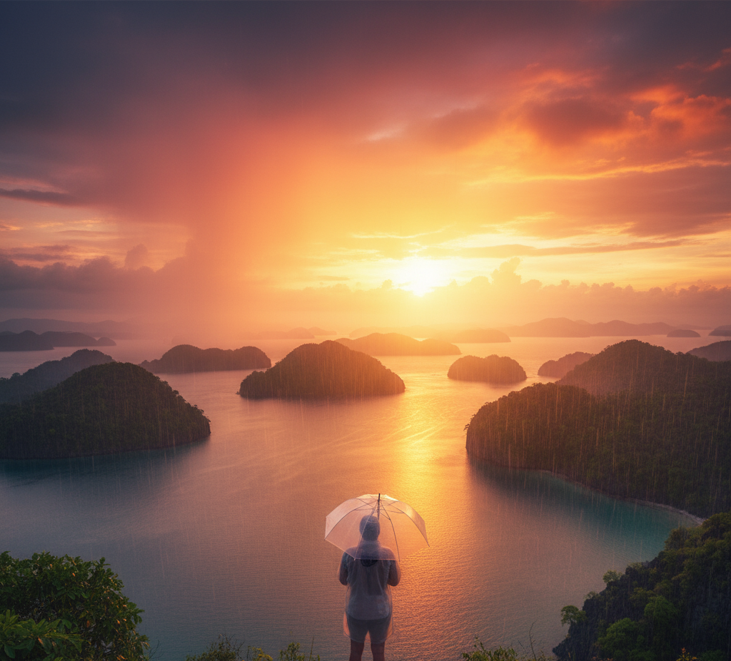 A traveler watching the sunset over Palawan’s bay, umbrella in hand, as golden light filters through passing rain.