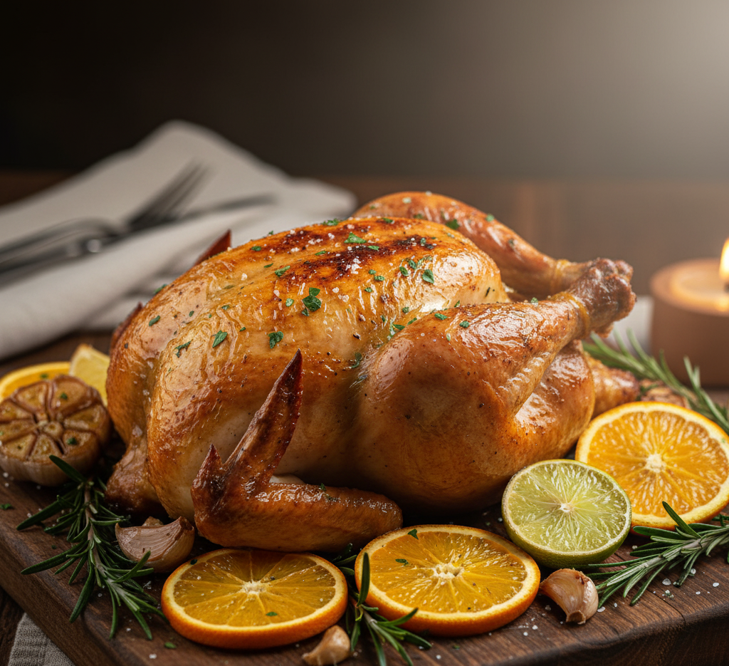 A whole roasted chicken on a wooden board with citrus slices and rosemary.