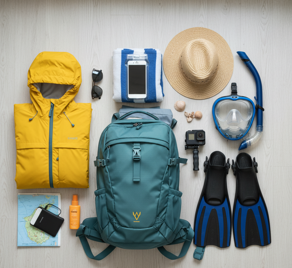 Flat lay of a travel backpack, rain jacket, snorkel, and camera ready for island-hopping.