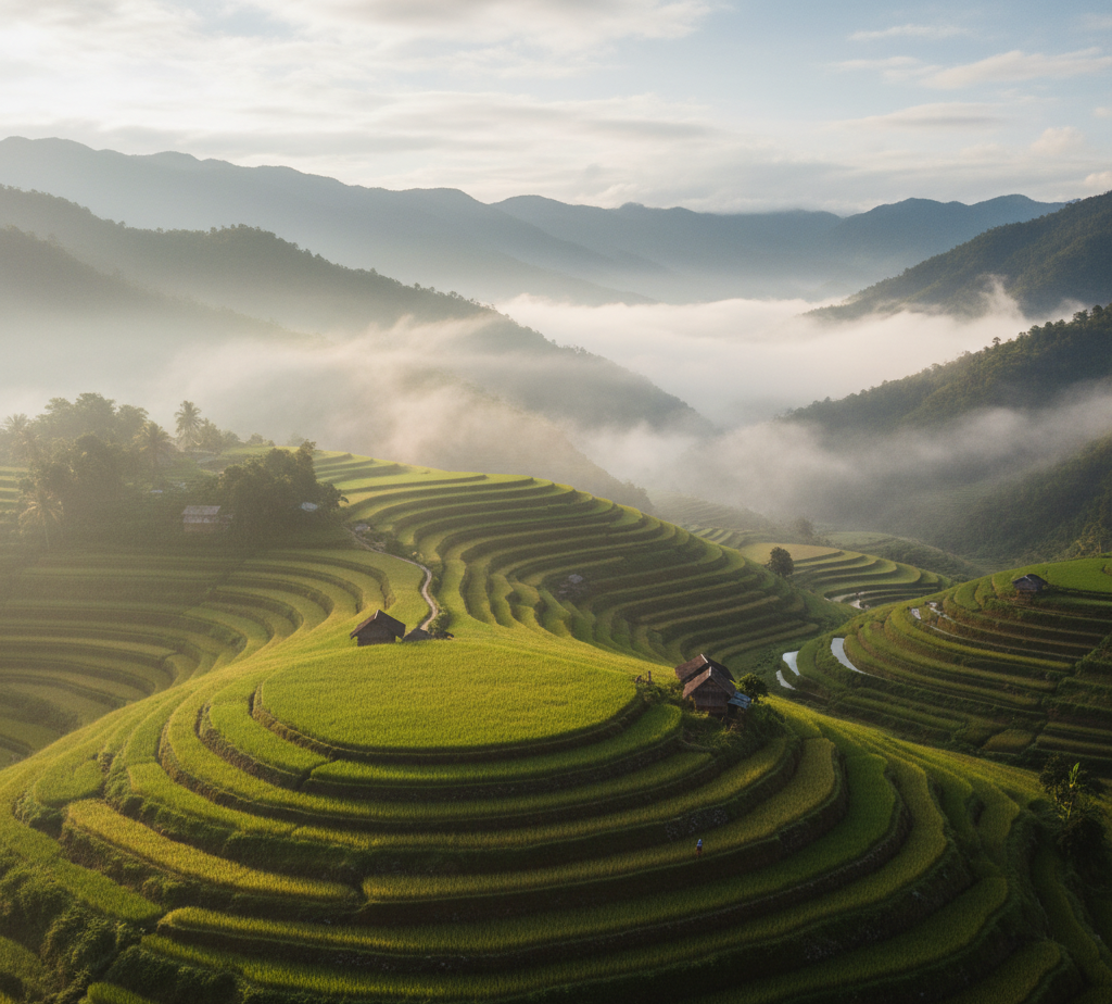 Terraced rice fields under soft morning fog in Batad village